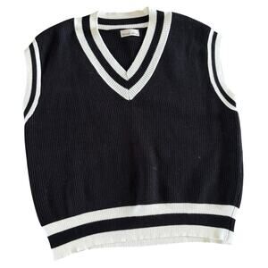 Becool Women’s M/L Black Ivory V Neck Sweater Vest Striped Preppy Knit